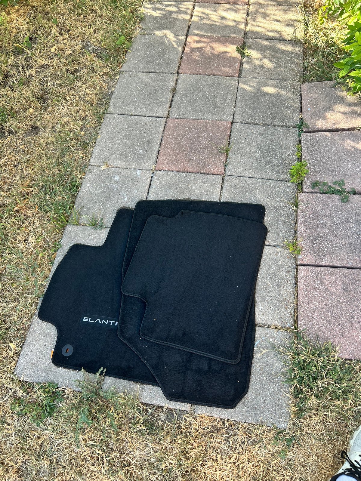 Black car floor mats with Elanti branding laid on a paved driveway next to grass